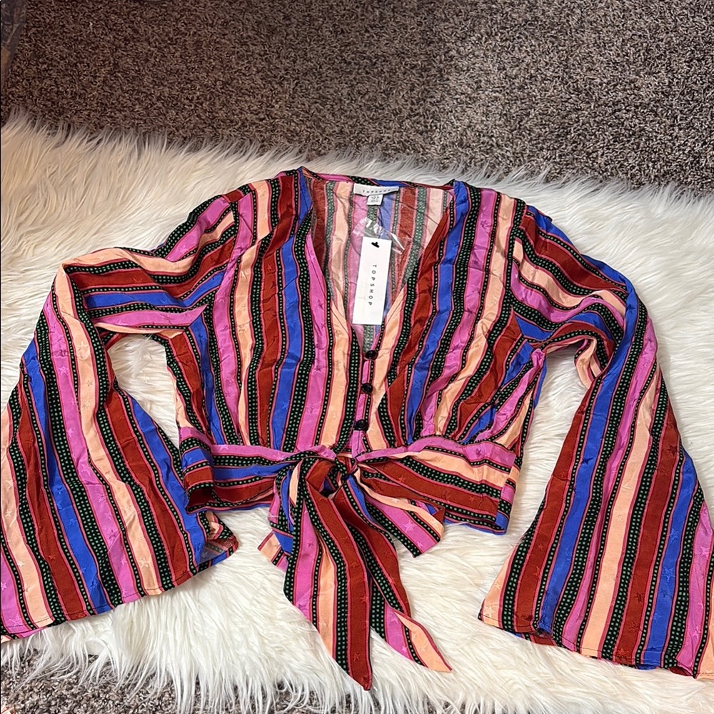 NWT Topshop Multi Color Bell Sleeve Cropped Tie Front Top Size US 4